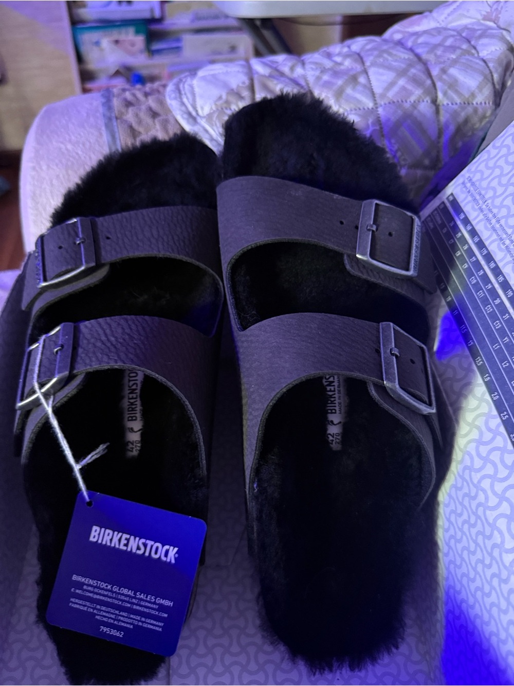 Birkenstock Black Shearling-Lined Double Strap Sandals NIB size 42